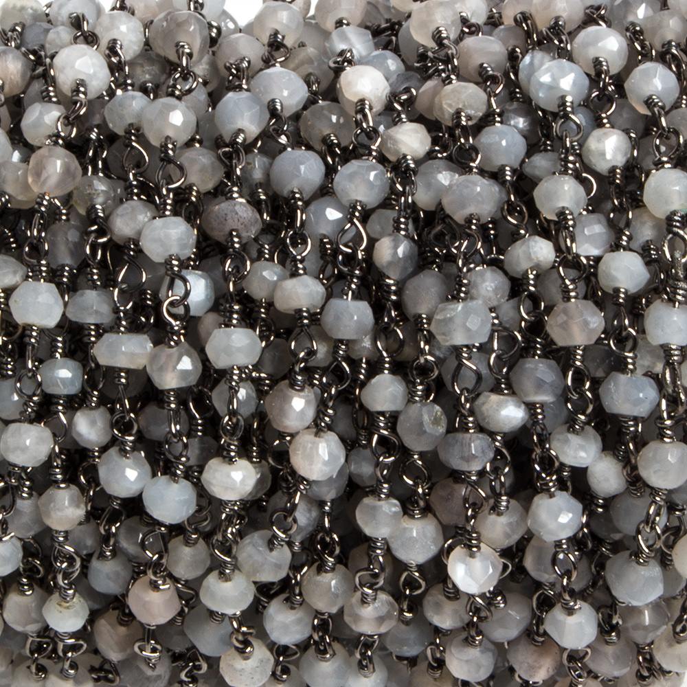 3mm Grey Moonstone faceted rondelle Black Gold Chain by the foot 36 pieces