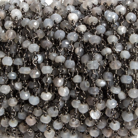 3mm Grey Moonstone faceted rondelle Black Gold Chain by the foot 36 pieces