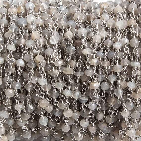 3mm Grey Moonstone faceted rondelle Silver Chain by the foot 36 pieces