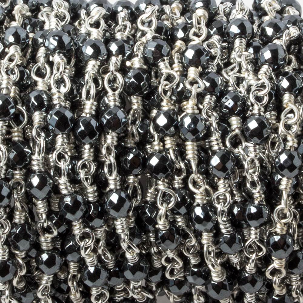 3mm Hematite faceted round Silver plated chain by the foot 34 pieces