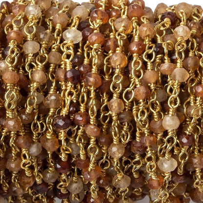 3mm Hessonite Garnet faceted rondelle Gold Wire Wrapped Chain by foot