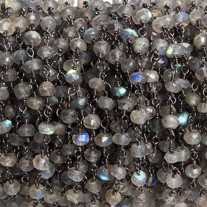 3mm Labradorite faceted rondelle Black Gold Chain by the foot 36 pieces