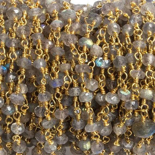 3mm Labradorite faceted rondelle Gold Plated Chain by the foot 36 pieces
