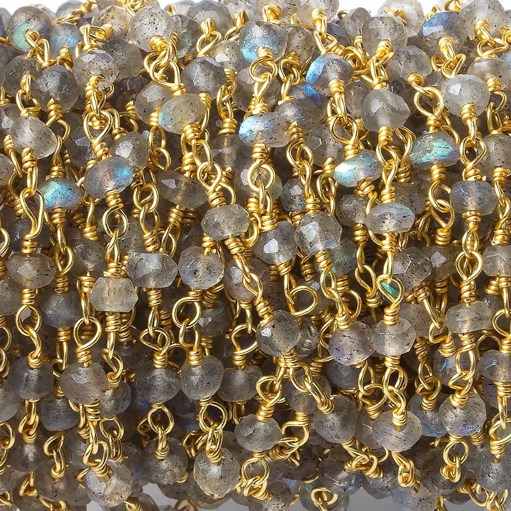3mm Labradorite faceted rondelle Gold Chain by the foot 40 pieces