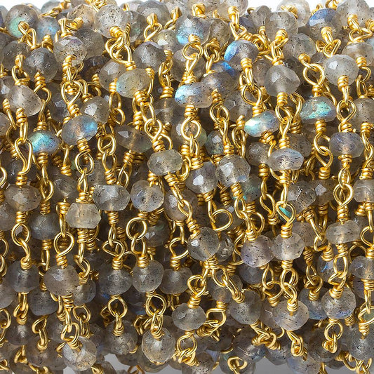 3mm Labradorite faceted rondelle Gold Chain by the foot 40 pieces