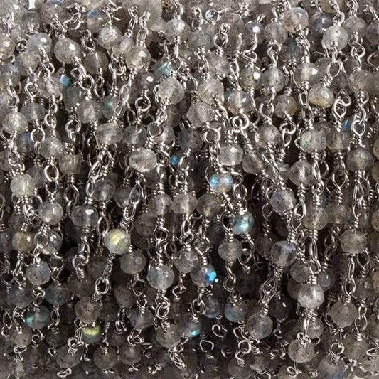 3mm Labradorite faceted rondelle Silver Chain by the foot 36 pieces