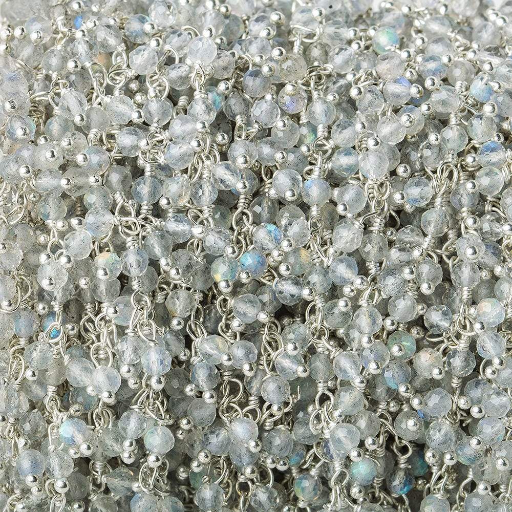 3mm Labradorite micro-faceted round Silver Dangling Chain by the foot