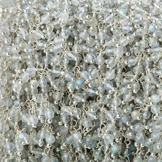 3mm Labradorite micro-faceted round Silver Dangling Chain by the foot