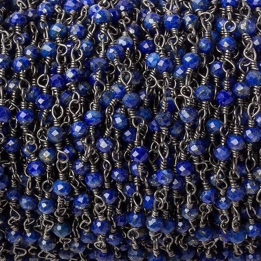 3mm Lapis Lazuli micro-faceted rondelle Black Gold plated Chain, 40 beads/ft
