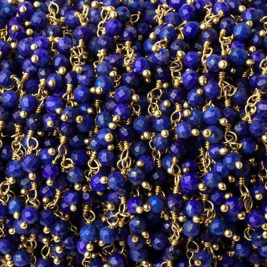 3mm Lapis Lazuli micro-faceted round Gold Dangling Chain by the foot