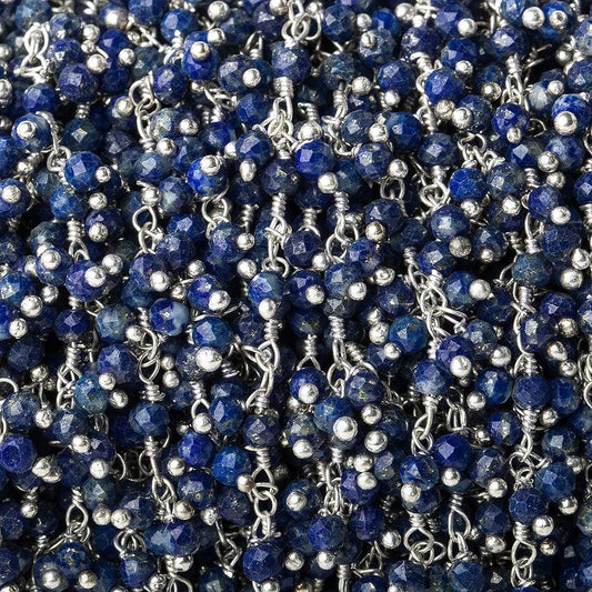 3mm Lapis Lazuli micro-faceted round Silver Dangling Chain by the foot