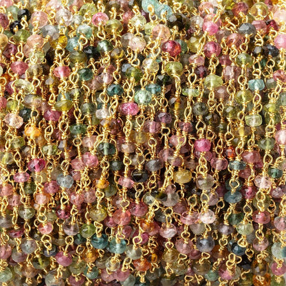 3mm Multi Color Tourmaline Faceted Rondelles on Vermeil Hand-Wrapped Chain
