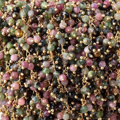 3mm Multi Color Tourmaline micro-faceted round Gold Dangling Chain by the foot