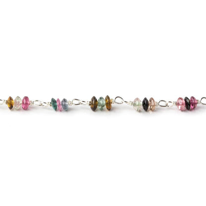 3mm Multi Color Tourmaline Rondelle Trio Silver .925 Chain by the foot 90 beads per