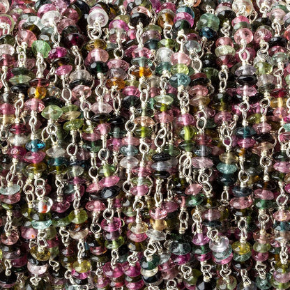 3mm Multi Color Tourmaline Rondelle Trio Silver .925 Chain by the foot 90 beads per