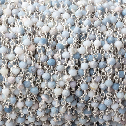 3mm Owyhee Denim Blue Opal Micro Faceted Rondelles on Silver Plated Chain