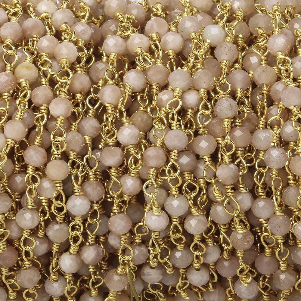 3mm Peach Moonstone micro-faceted rondelle Gold Chain by the foot 35 pieces