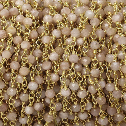 3mm Peach Moonstone micro-faceted rondelle Gold Chain by the foot 35 pieces