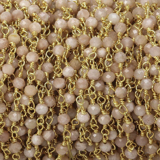 3mm Peach Moonstone micro-faceted rondelle Gold Chain by the foot 35 pieces