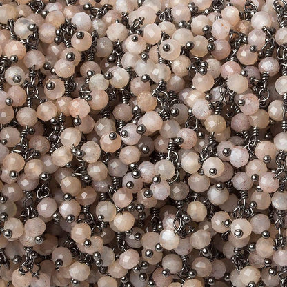 3mm Peach Moonstone micro-faceted round Black Gold Dangling Chain by the foot