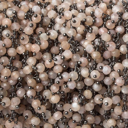 3mm Peach Moonstone micro-faceted round Black Gold Dangling Chain by the foot