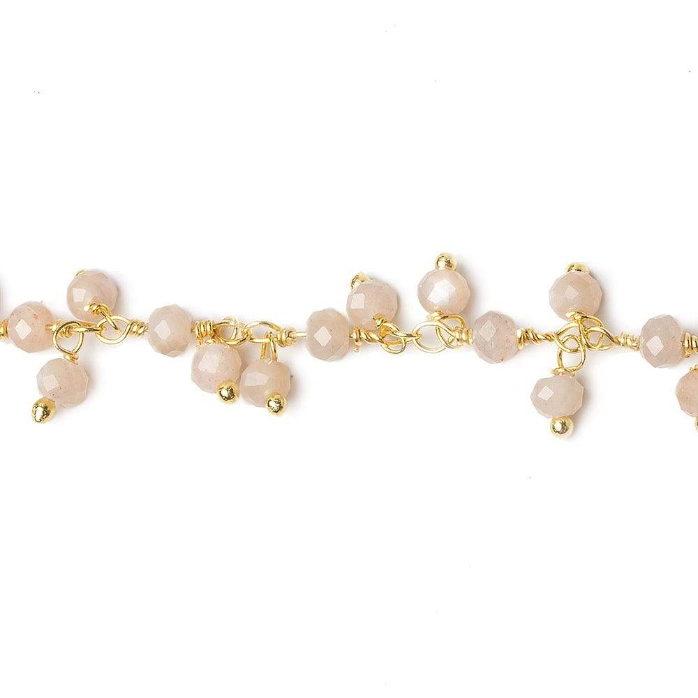 3mm Peach Moonstone micro-faceted round Gold Dangling Chain by the foot