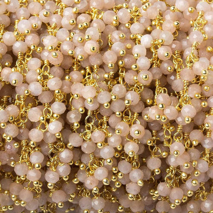 3mm Peach Moonstone micro-faceted round Gold Dangling Chain by the foot