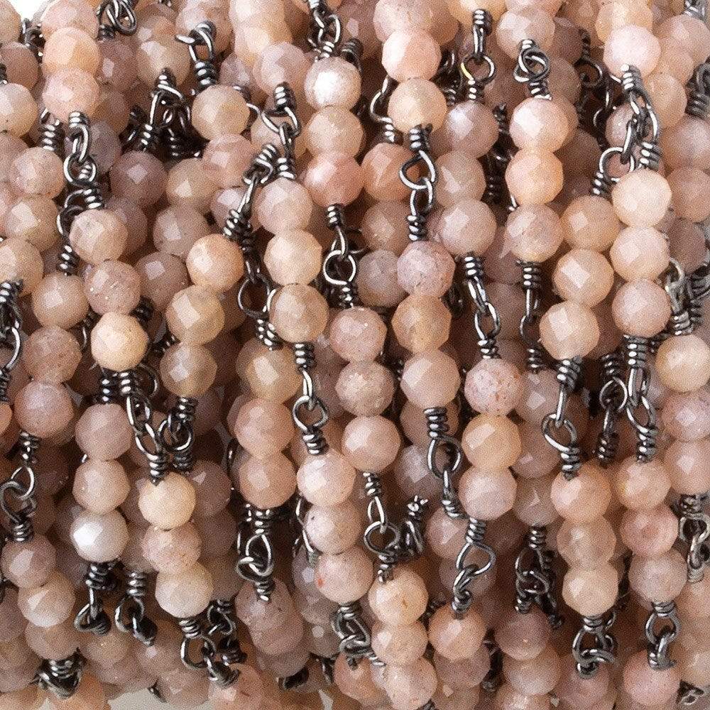 3mm Peach Moonstone micro faceted round Trio Black Gold Chain by the foot 73 beads per