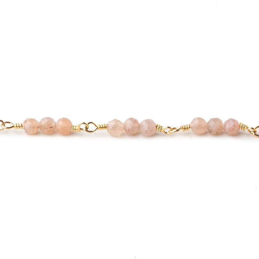 3mm Peach Moonstone micro faceted round Trio Gold Chain by the foot 73 beads per