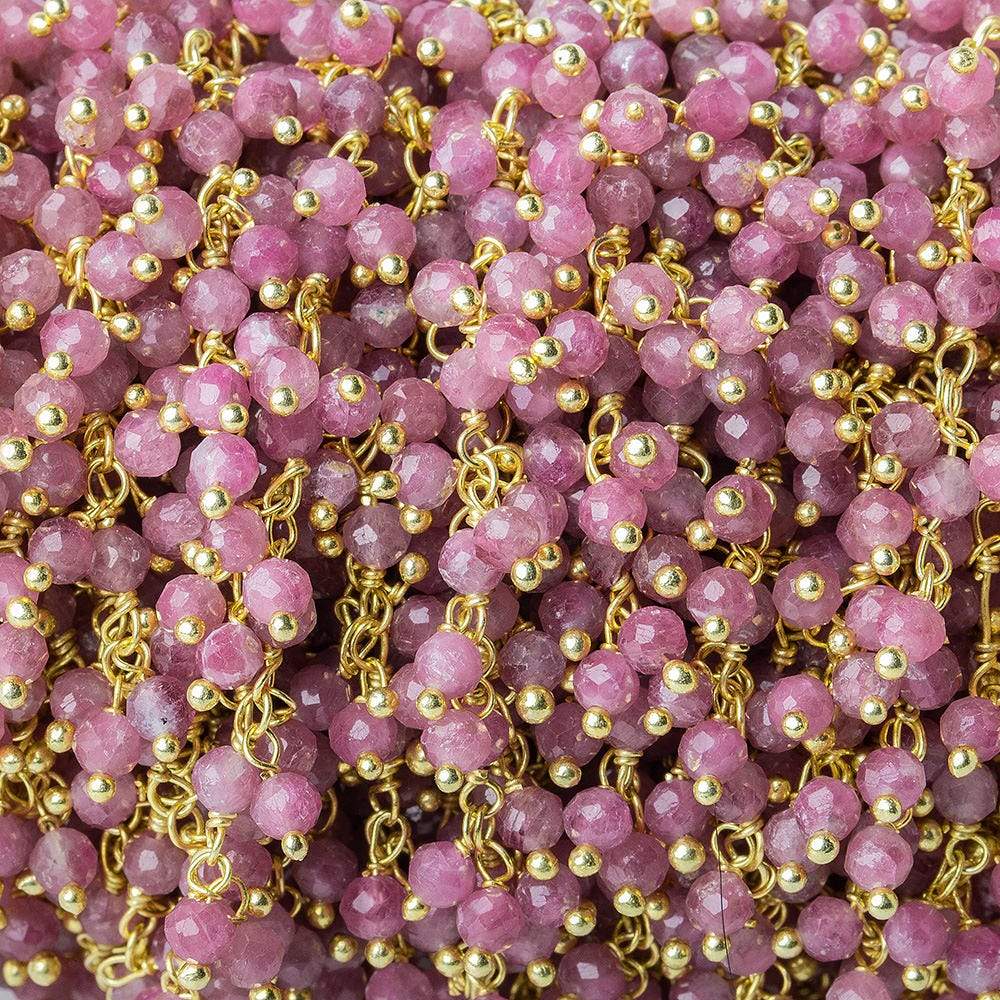 3mm Pink Tourmaline micro-faceted round Gold Dangling Chain by the foot
