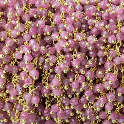 3mm Pink Tourmaline micro-faceted round Gold Dangling Chain by the foot