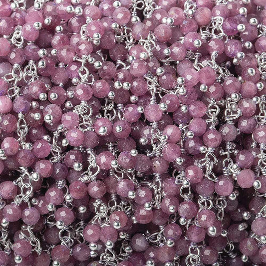 3mm Pink Tourmaline micro-faceted round Silver .925 Dangling Chain by the foot