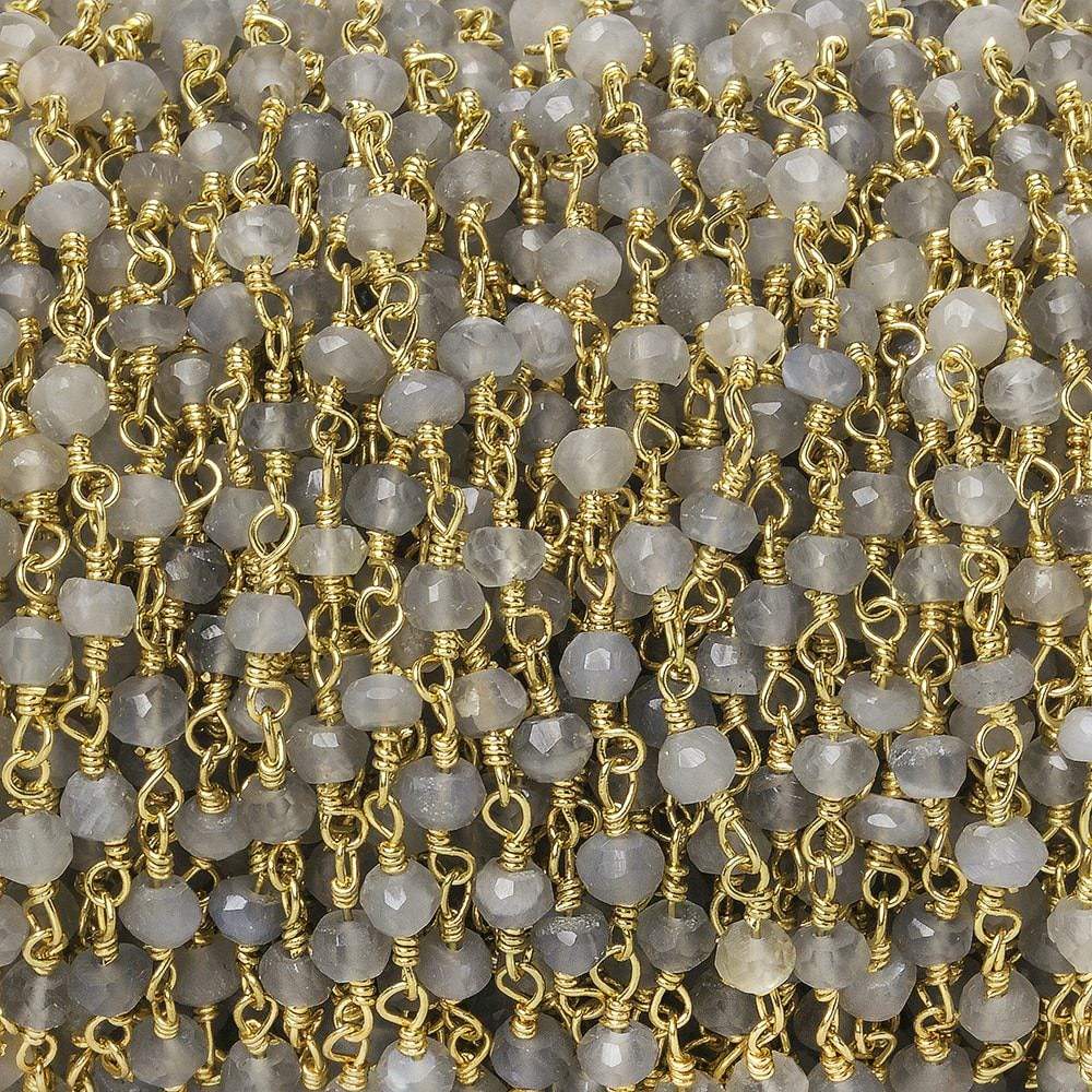 3mm Platinum Grey Moonstone faceted rondelle Gold Chain by the foot 35 pcs