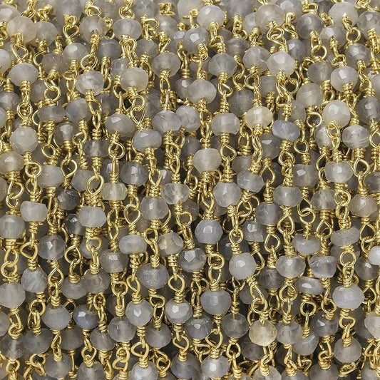 3mm Platinum Grey Moonstone faceted rondelle Gold Chain by the foot 35 pcs