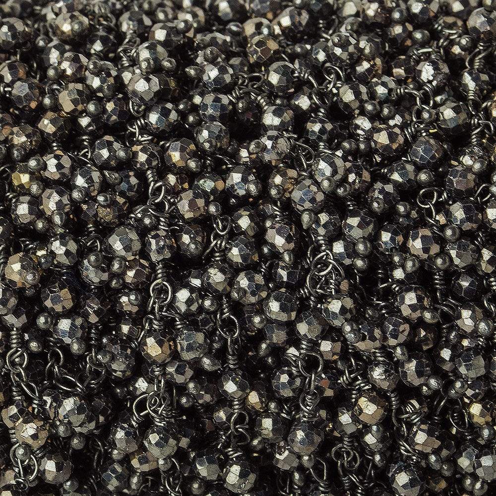 3mm Pyrite micro-faceted round Black Gold Dangling Chain by the foot