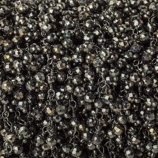 3mm Pyrite micro-faceted round Black Gold Dangling Chain by the foot