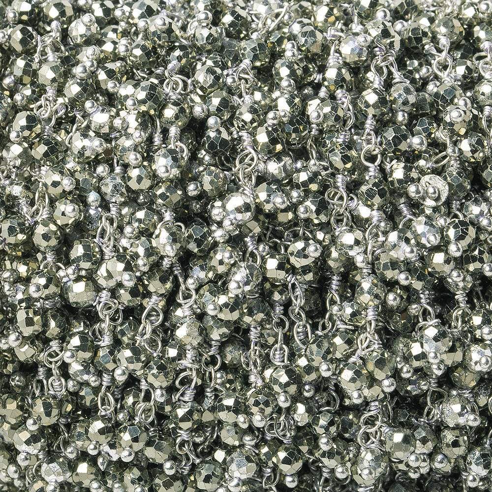 3mm Pyrite micro-faceted round Silver Dangling Chain by the foot