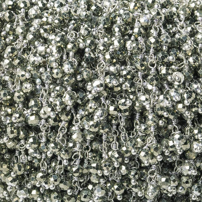 3mm Pyrite micro-faceted round Silver Dangling Chain by the foot
