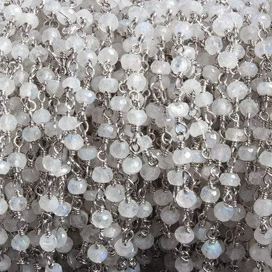 3mm Rainbow Moonstone faceted rondelle Silver Chain by the foot 36 pieces