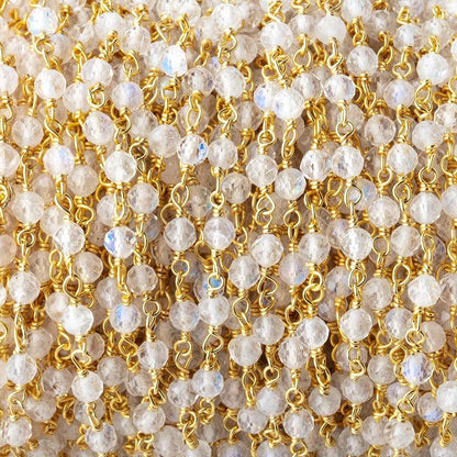 3mm Rainbow Moonstone Micro Faceted Rounds on Vermeil Chain by the Foot