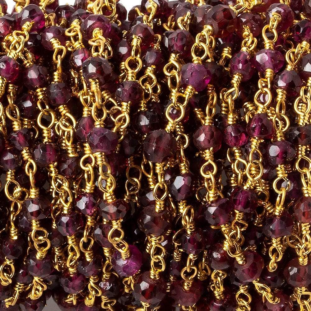 3mm Rhodolite Garnet Gold plated Wire Wrapped Chain