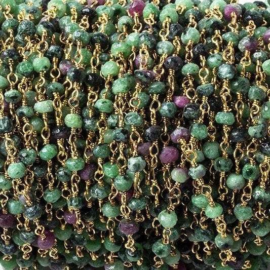 3mm Ruby in Zoisite faceted rondelle Gold Chain by the foot