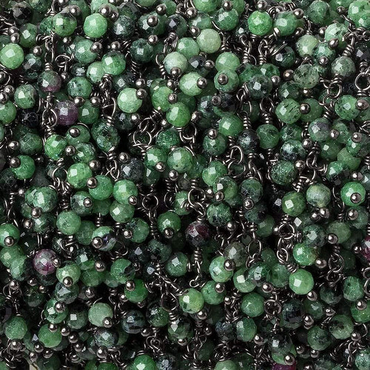 3mm Ruby in Zoisite micro-faceted round Black Gold Dangling Chain by the foot