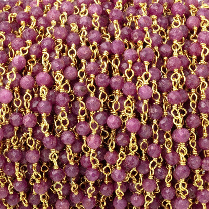 3mm Ruby Micro Faceted Rounds on Gold Plated Chain
