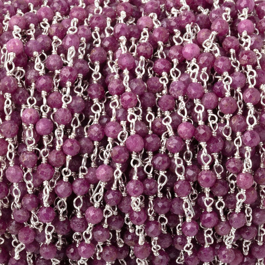 3mm Ruby Micro Faceted Rounds on Silver Plated Chain