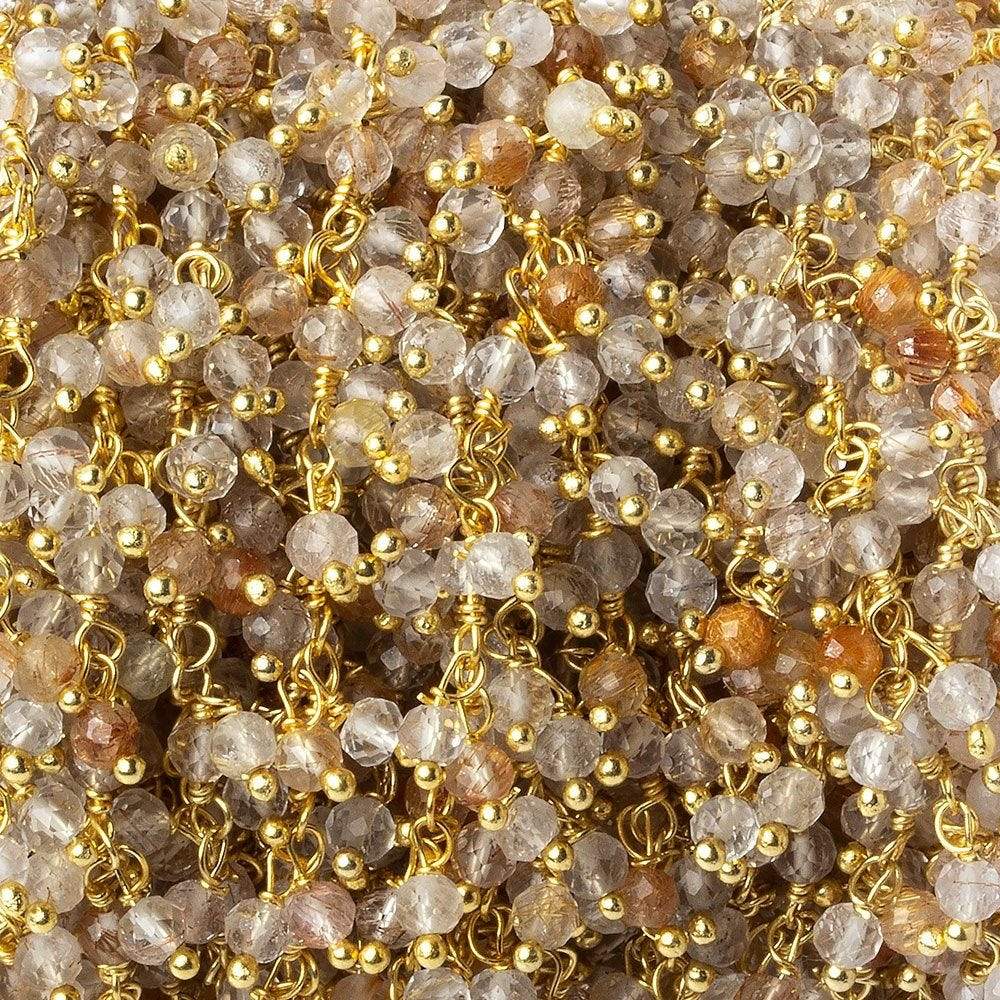 3mm Rutilated Quartz micro-faceted round Gold Dangling Chain by the foot