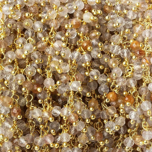 3mm Rutilated Quartz micro-faceted round Gold Dangling Chain by the foot