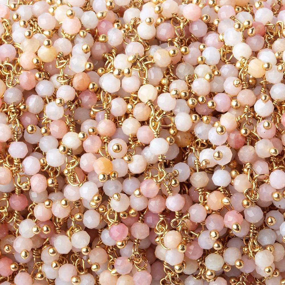 3mm Shaded Pink Peruvian Opal micro faceted round Gold plated Dangle Chain by the foot