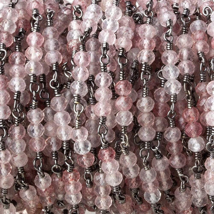 3mm Strawberry Quartz micro faceted round Trio Black Gold Chain by the foot 73 beads per