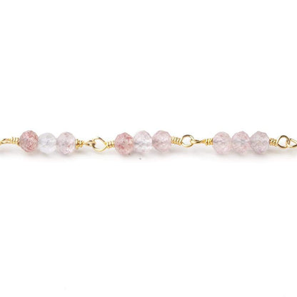 3mm Strawberry Quartz micro faceted round Trio Gold Chain by the foot 73 beads per